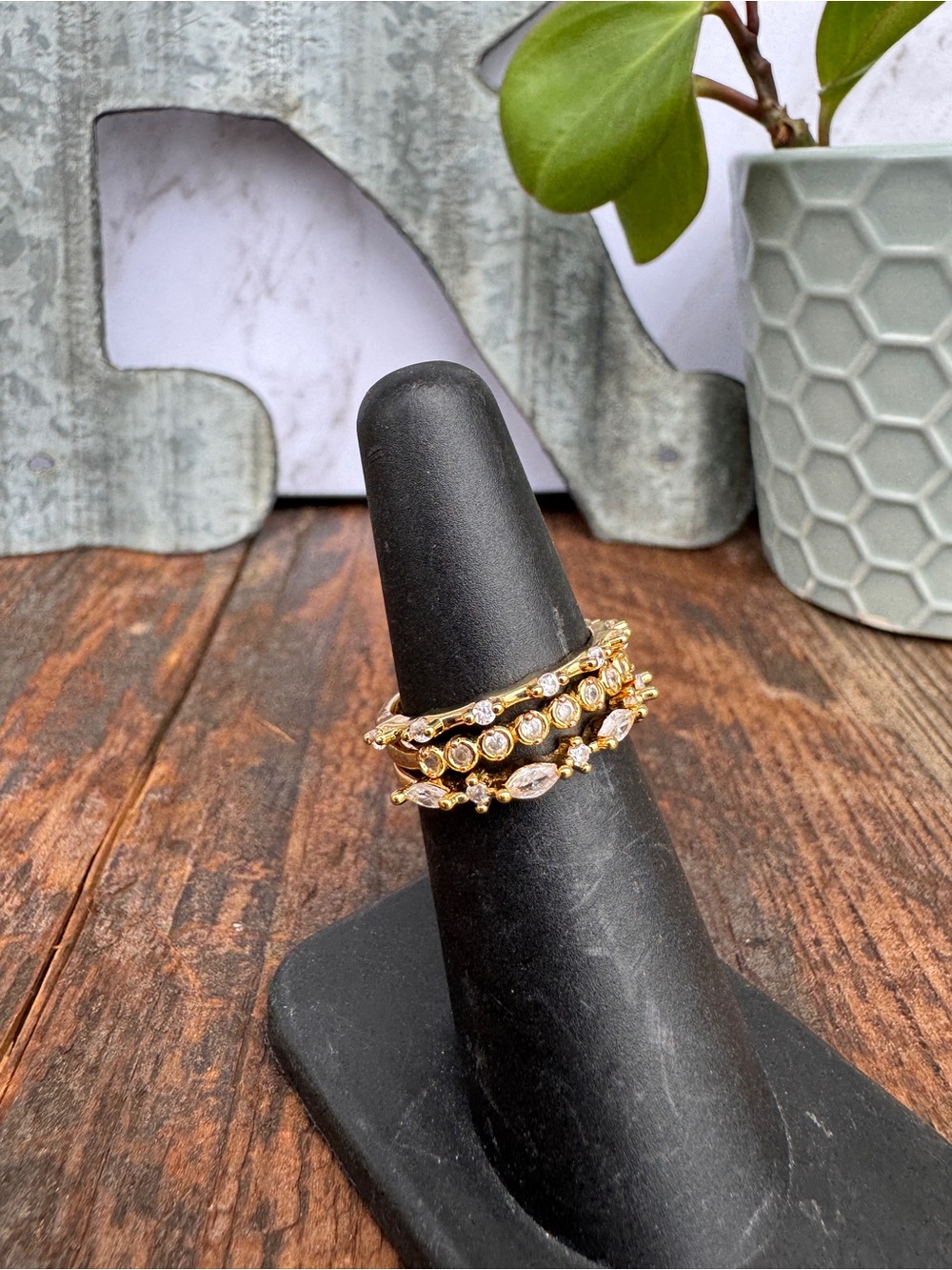Gold and Crystal Stackable 3 Ring Set